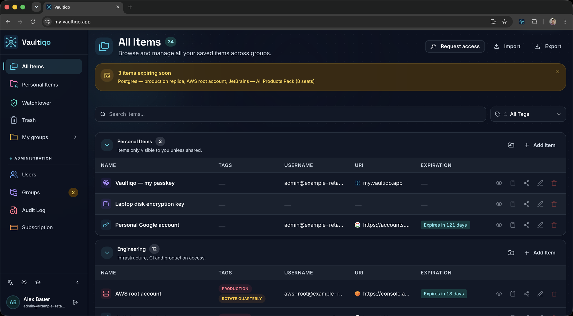 Vaultiqo vault showing personal and team items grouped by category
