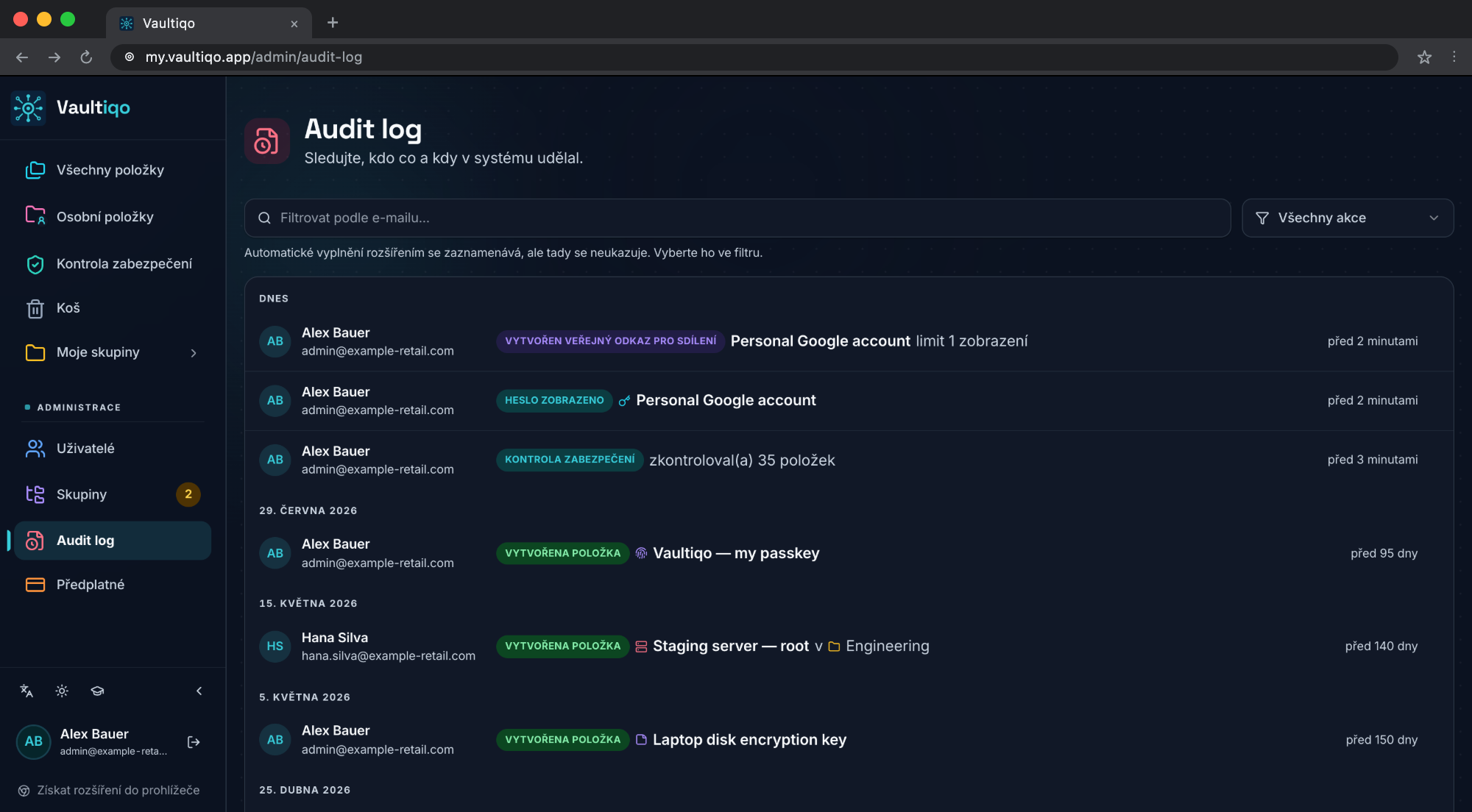 Auditní log Vaultiqo zobrazující časovou osu uživatelských akcí