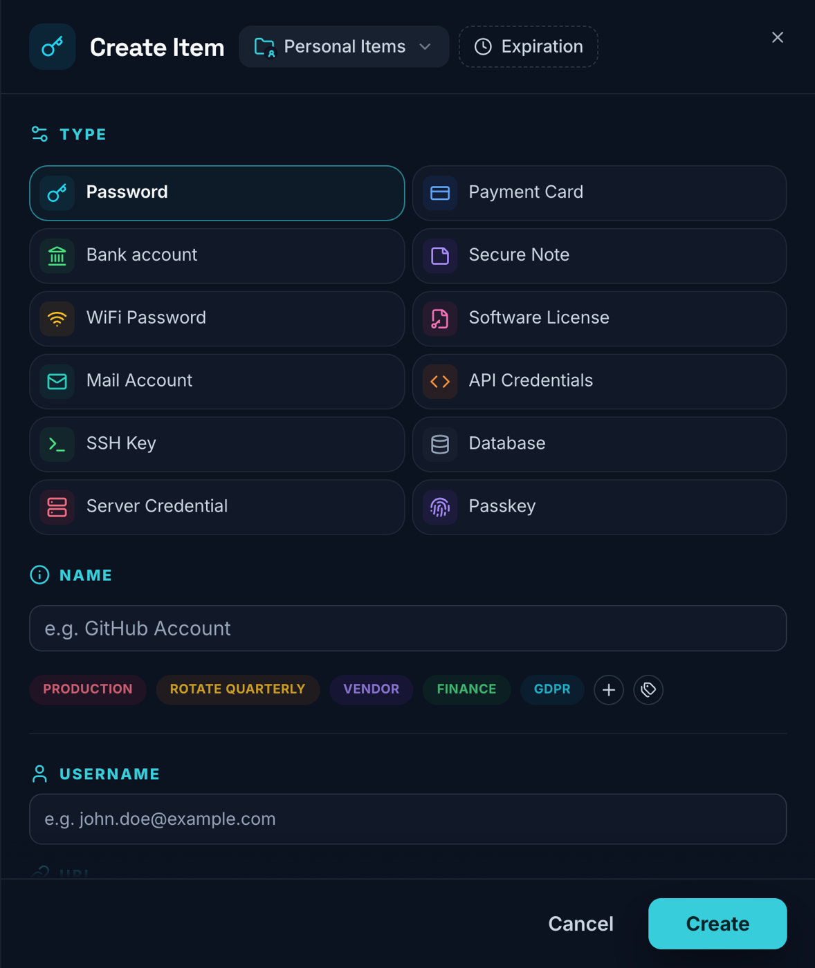 Vaultiqo create item dialog showing the available item types