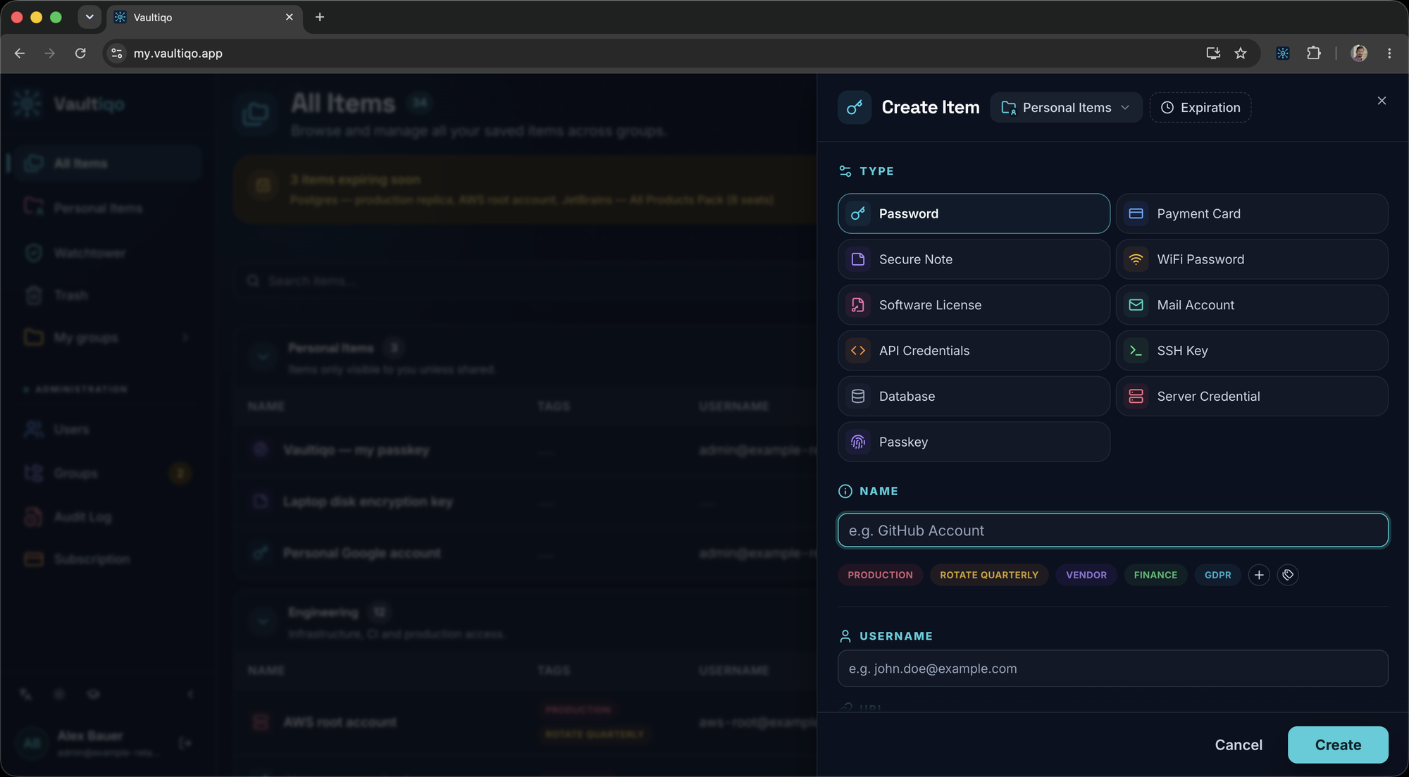 Vaultiqo create item dialog showing nine credential types