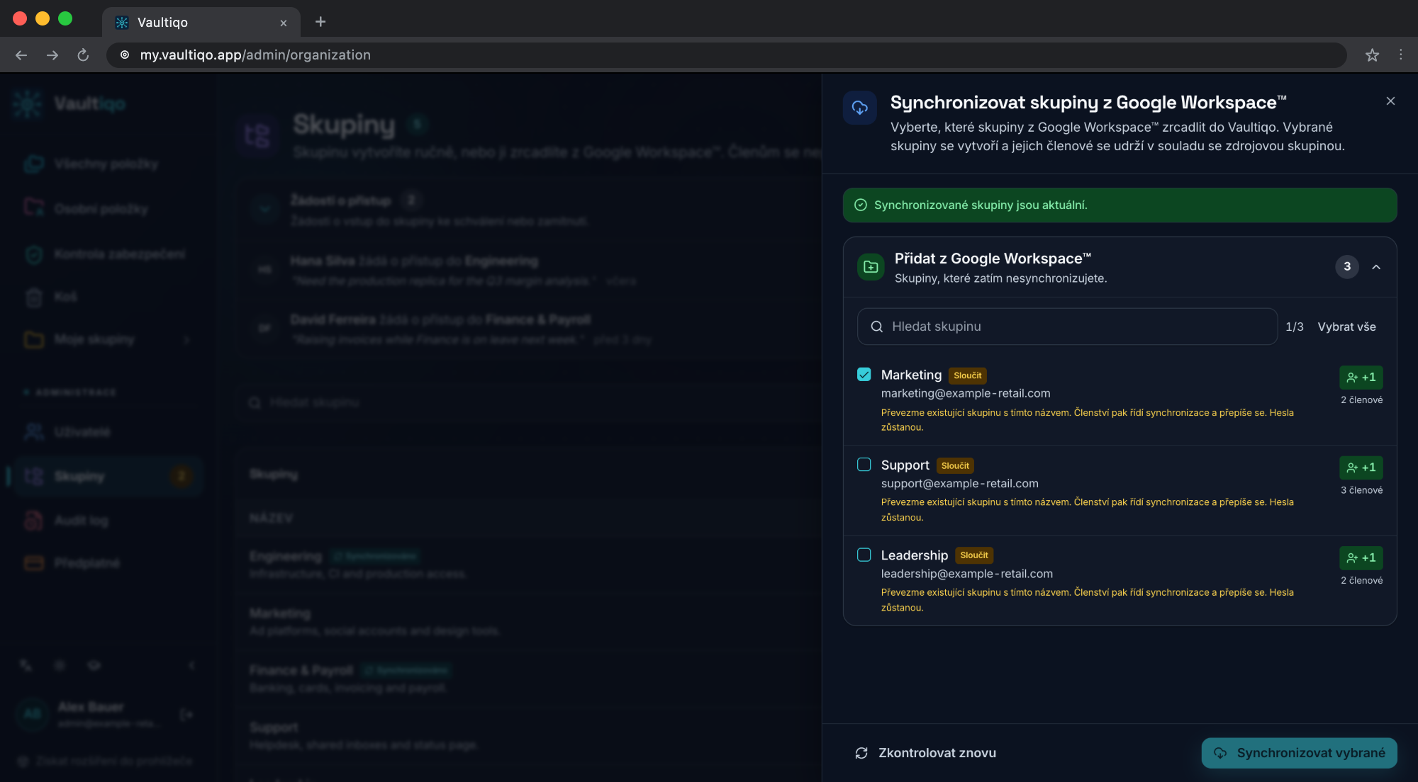Dialog synchronizace skupin Google Workspace ve Vaultiqo
