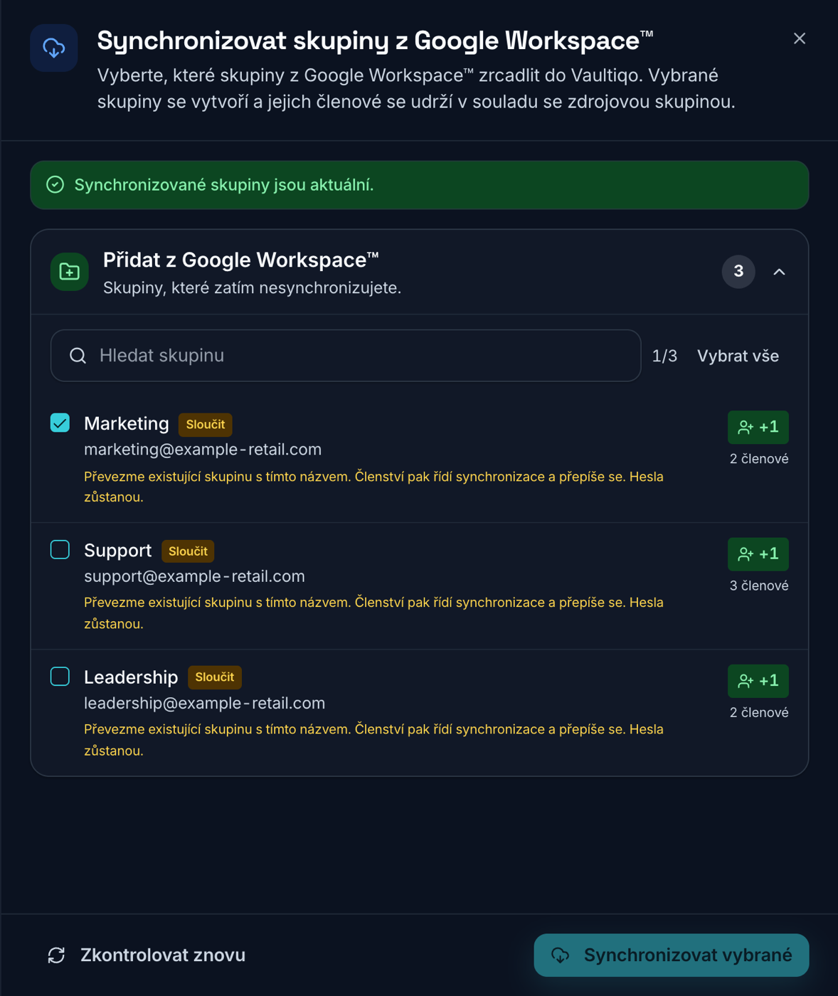 Dialog synchronizace skupin z Google Workspace ve Vaultiqo