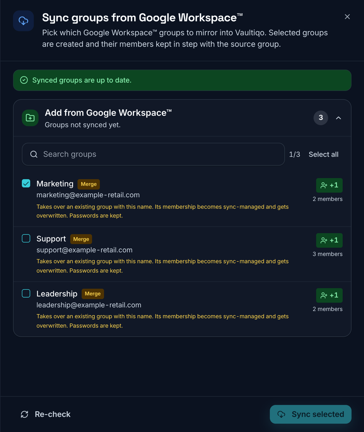 Vaultiqo dialog for syncing groups from Google Workspace