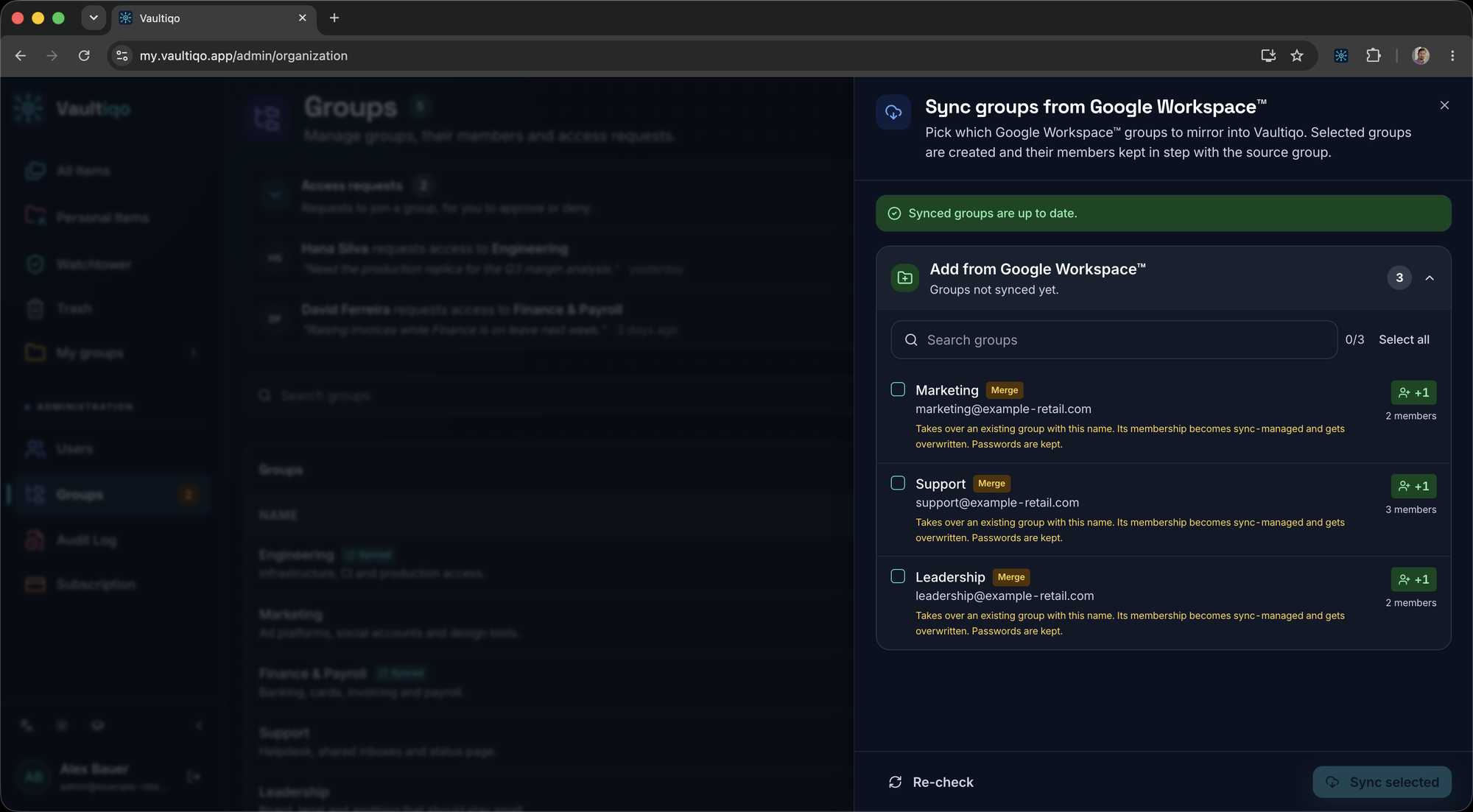 Vaultiqo Google Workspace group sync dialog