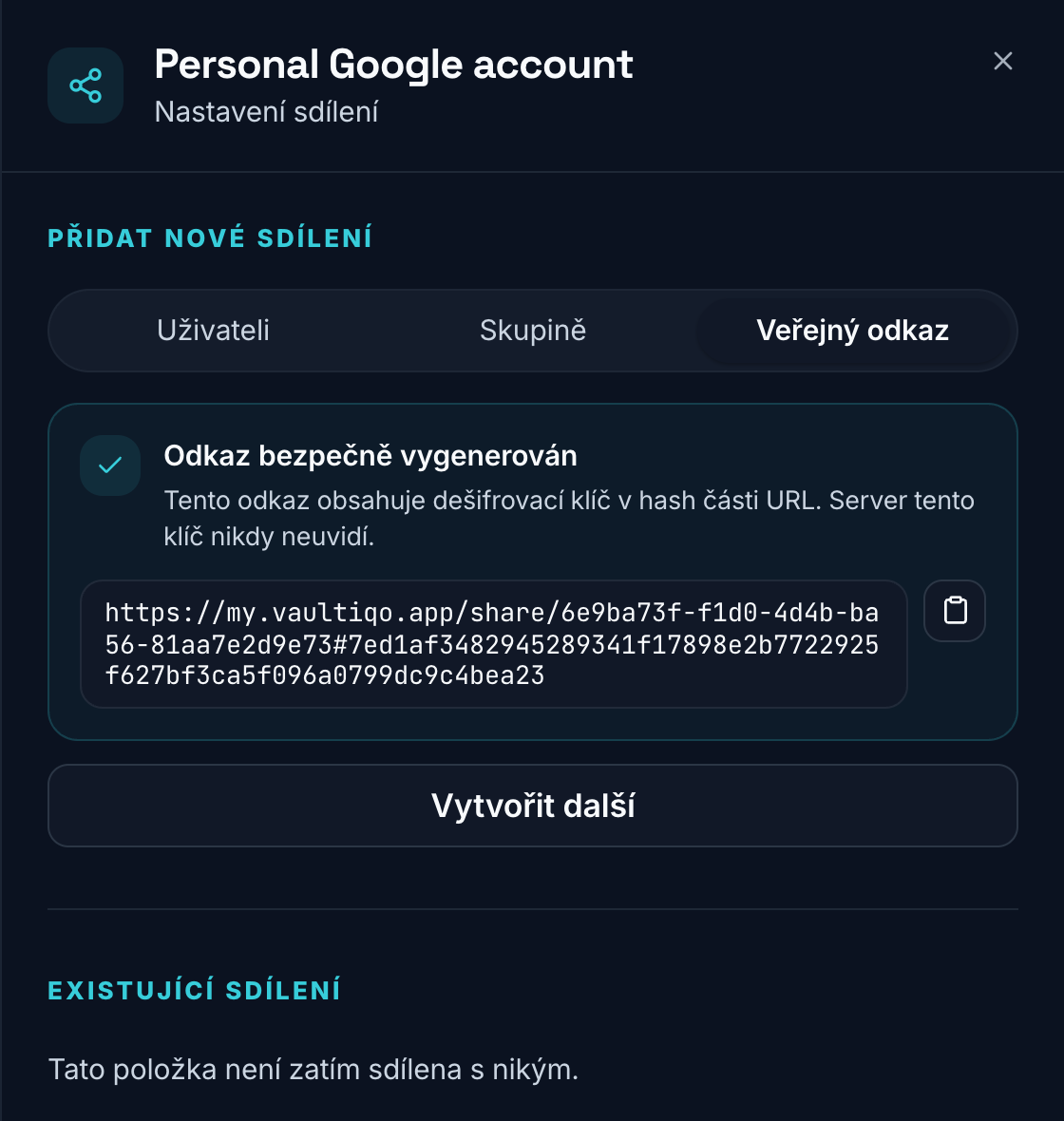 Vygenerovaný odkaz pro sdílení s externím příjemcem ve Vaultiqo