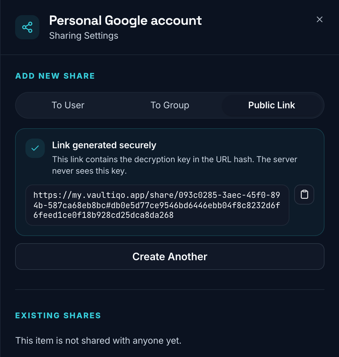 Vaultiqo share link generated for an external recipient