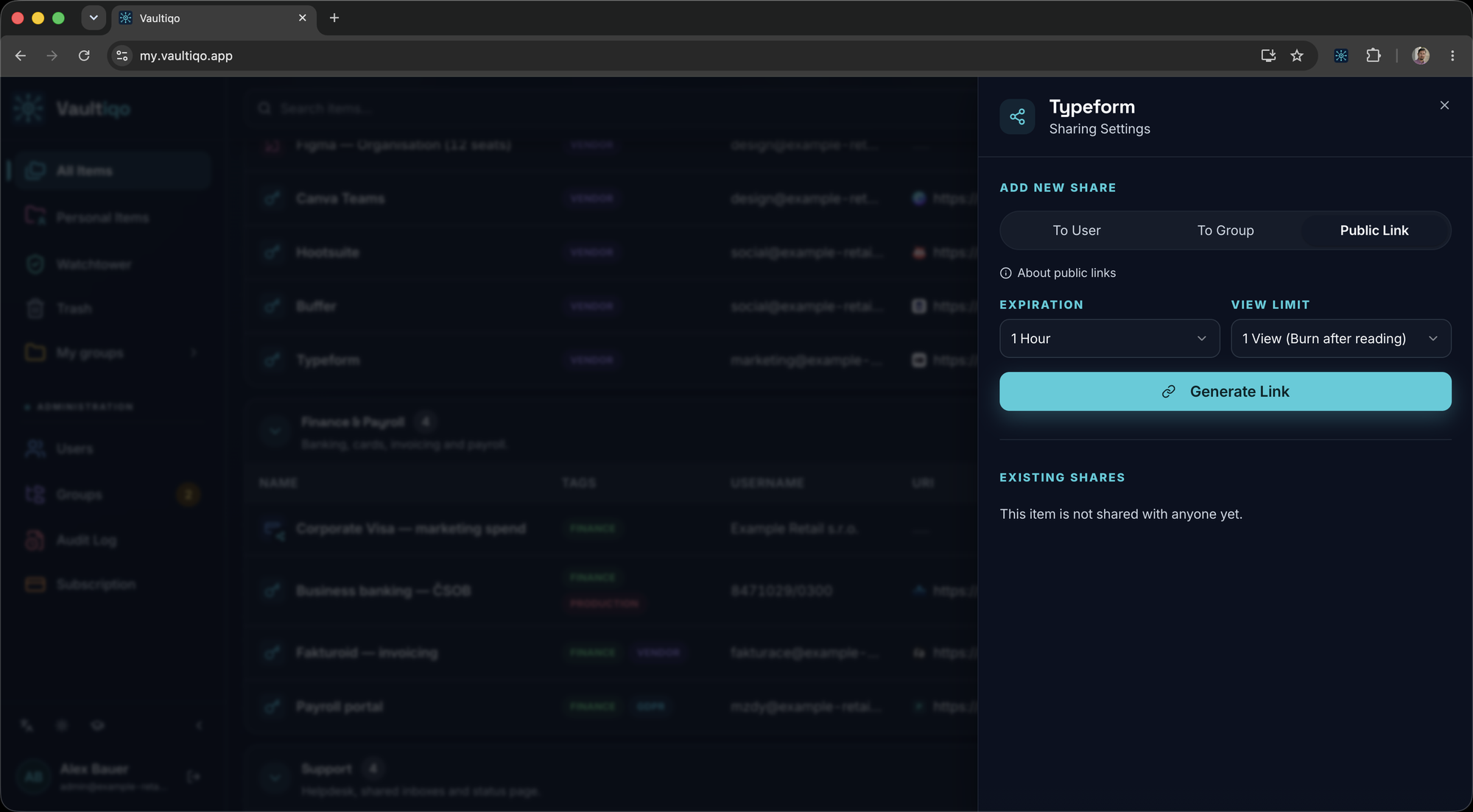 Vaultiqo public link sharing settings with expiration and view limit