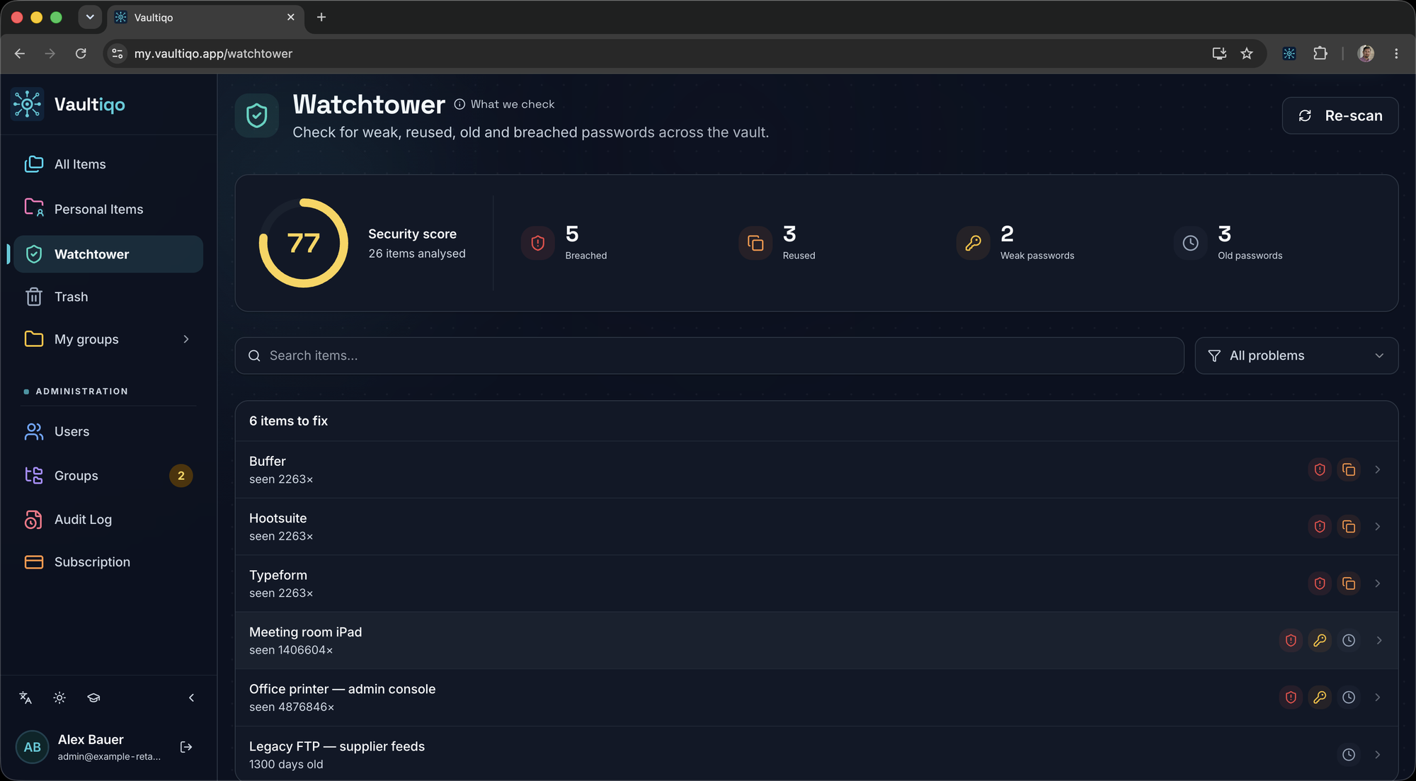 Vaultiqo Watchtower security score dashboard